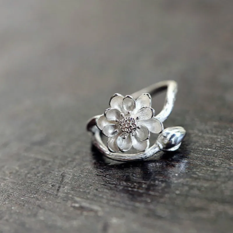 
Amazon Hot Sell 925 Sterling Silver Rings Lotus Plum Flower Handmade Rings For Woman 