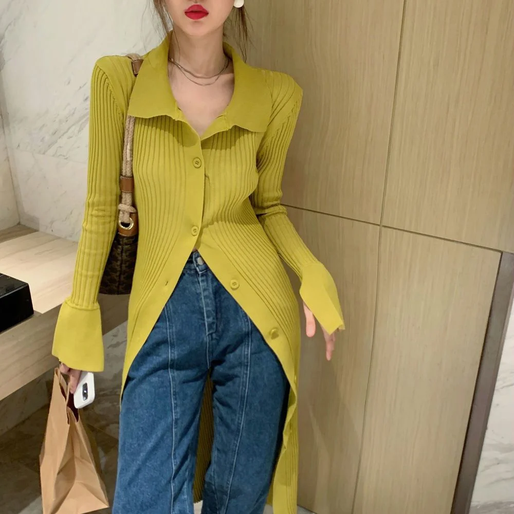 Autumn fashion turn-down collar  knitted sweater long knitted dress for women slim fit