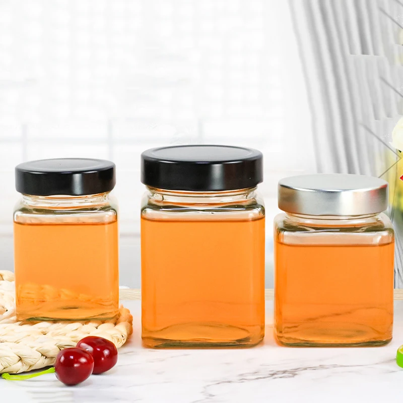 Square Honey Storage Bottles 200ml 280ml 380ml Jam Food Glass Jars For Sauce Honey Glass Jars With Deep Metal Lid