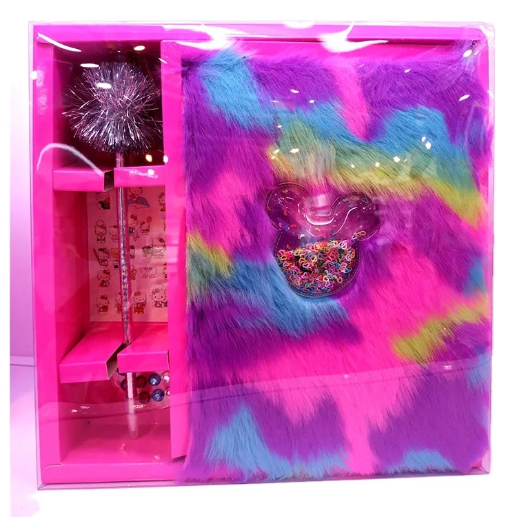 OEM&ODM Factory sales a5 colorful children notebook school supply binding fluffy plush notebook and pen with rocky sequins