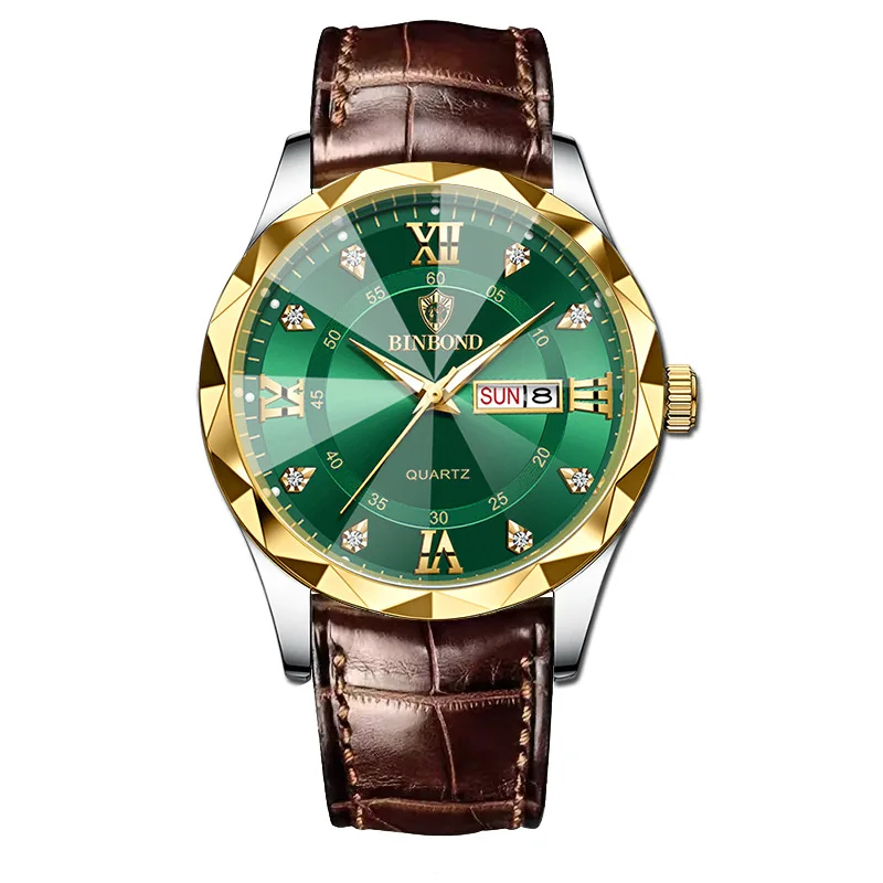 BINBOND B2521 Factory Direct Sale Novelty Top Brand Arrival Multifunction Chronograph Men Quartz Watches Genuine Leather Band