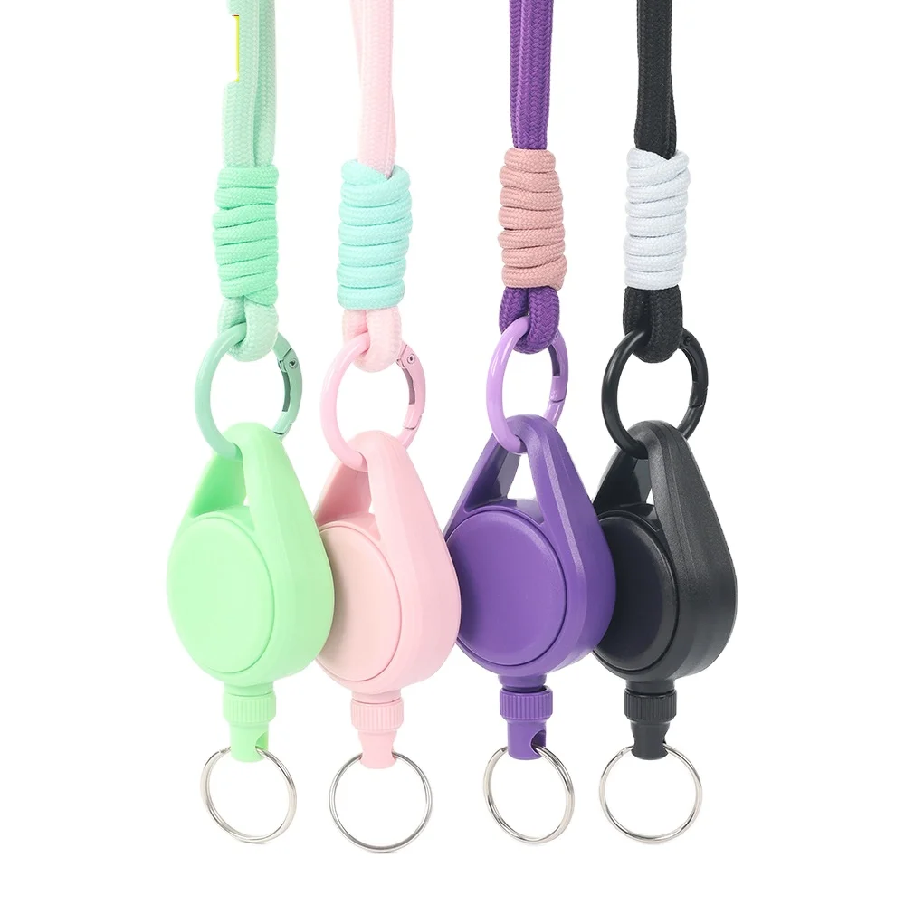 Outdoor Macaron-Shaped Wire Retractable Keychain Quick Load Ring Braided Rope Cross Border Badge Color blocked woven rope Holder