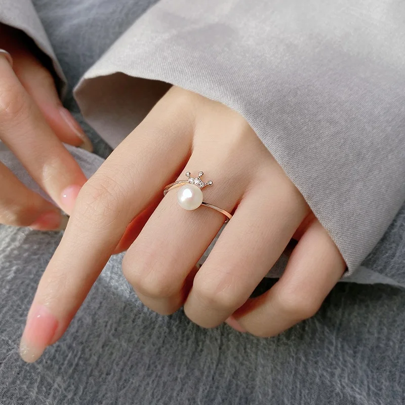 Korea jewelry rose gold plated 925 sterling silver cz diamond crown pearl adjustable ring for girls