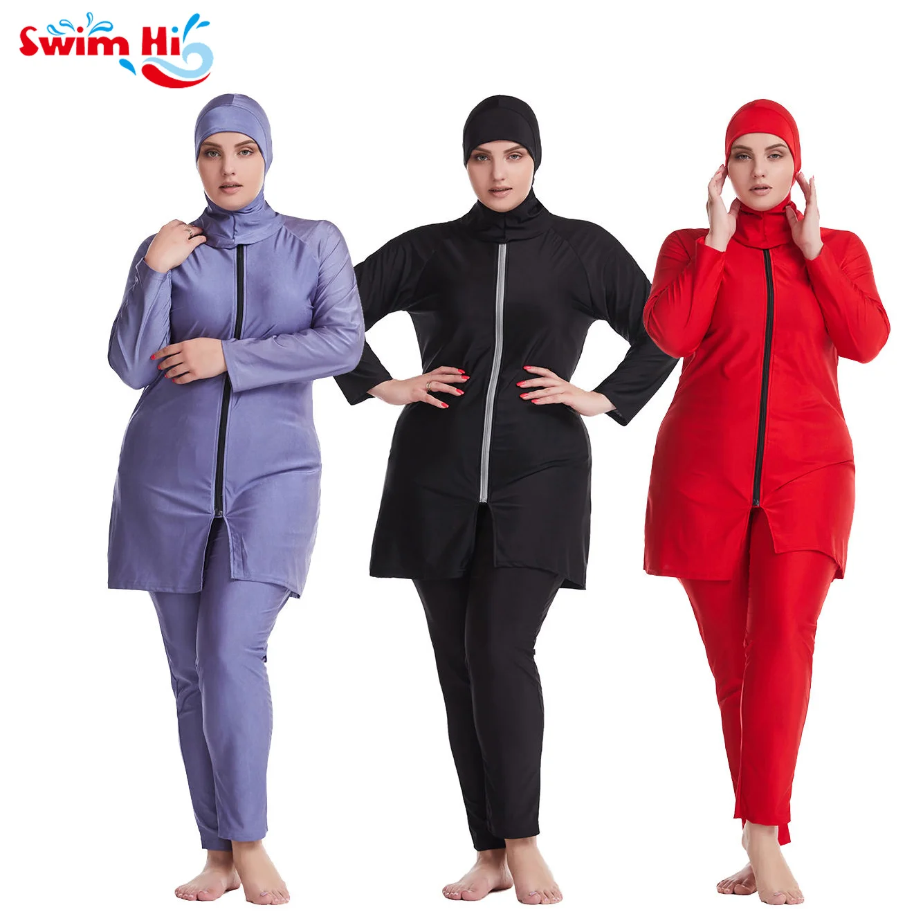 Middle East Islamic Muslim Plus size swimwear Hijab Full Cover Costume Fashion Solid Color Burkinis Swimsuit Bathing Suit