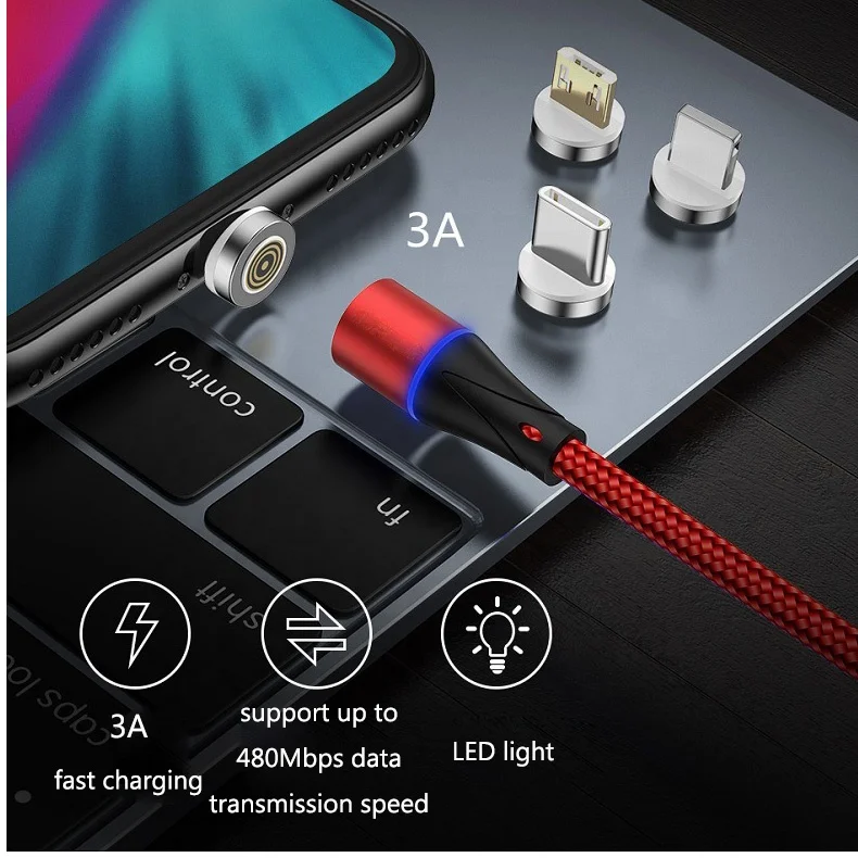  Плетеный 3 в 1 Магнит зарядного 3A 5A QC3.0 Быстрая зарядка USB Магнитный кабель для зарядки Micro