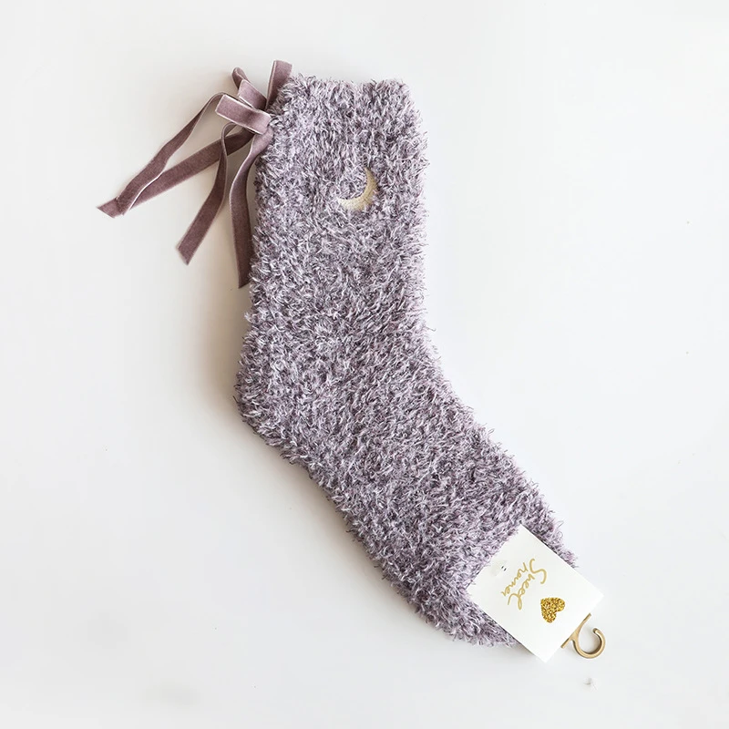 Winter Sweet Heart Embroidered Warm Thick Sleeping Soft Cozy Feather Yarn Floor Women Socks