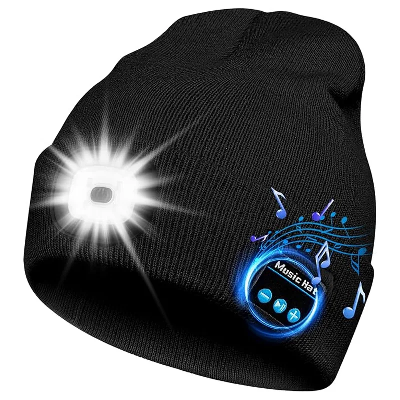 Multi-function LED Music Hat Warm Knitted Hat Built-in LED Light Wireless BT Headset With Mic For Camping Running Sports