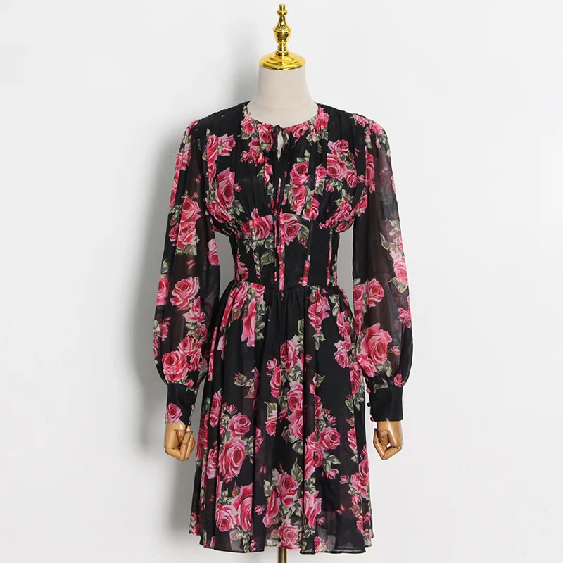 2021 Trendy Clothing Ropa De Mujer Floral Print O-collar Long Sleeve A-Line Mini Party Dress