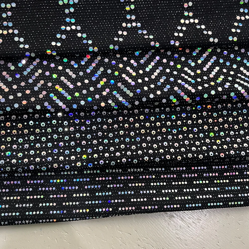 2023 New polyester black lurex metallic foil dot spandex jersey fabric silver sequin metallic lurex knit fabric for party dress