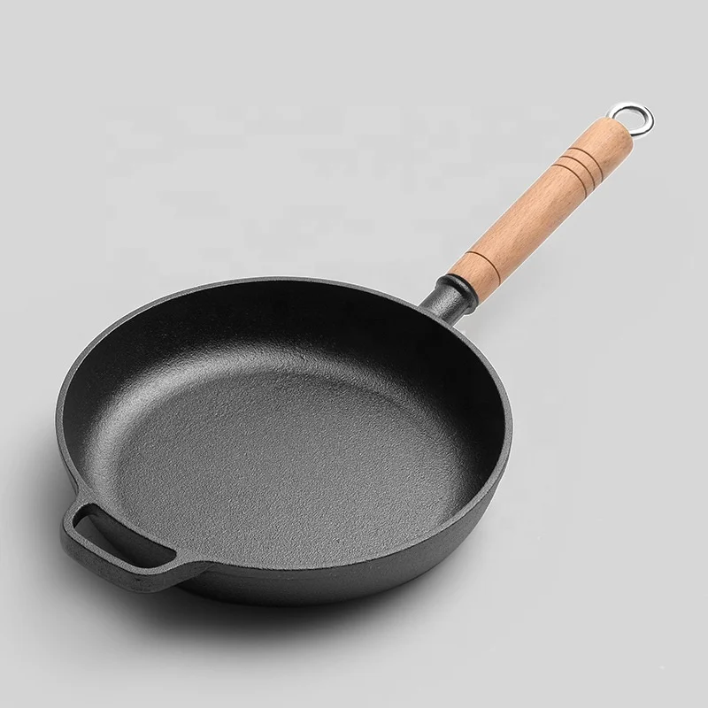 Wholesale Preseasoned Fry pan Cookware Round Nonstick Cast Iron Skillet Frying Pan with Wooden Handle