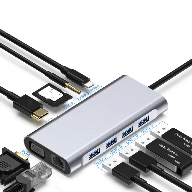 11 In 1 Multiport USB3.1 Type C To Hd-mi ++VGA+USB-A+PD+SD Card+MicroSD+Ethernet usb Hub Adapter for Macbook Series