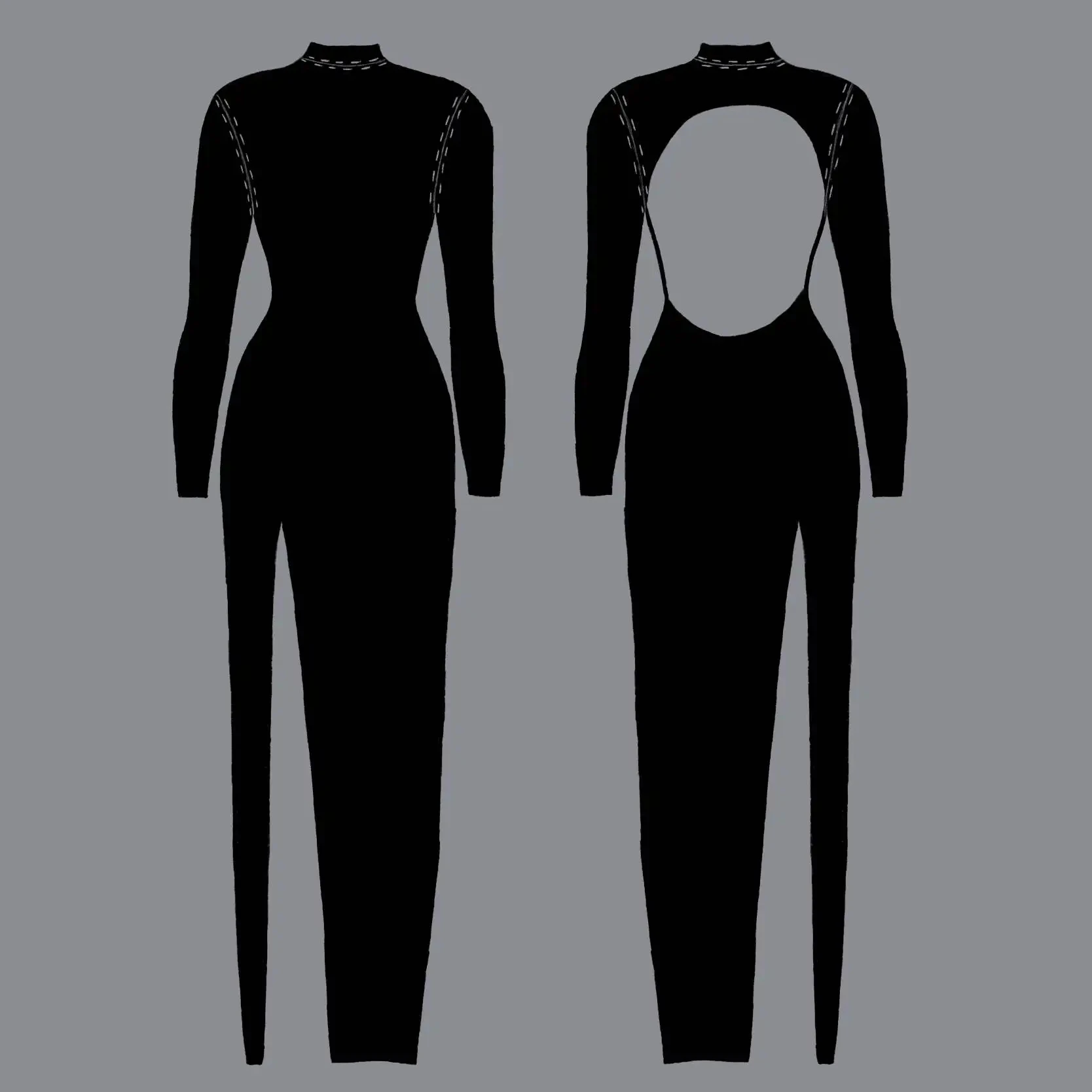 Clean finished double layers Classic long sleeve slim Open Back  Backless latex Luxury bodycon Midi Casual Dress Women