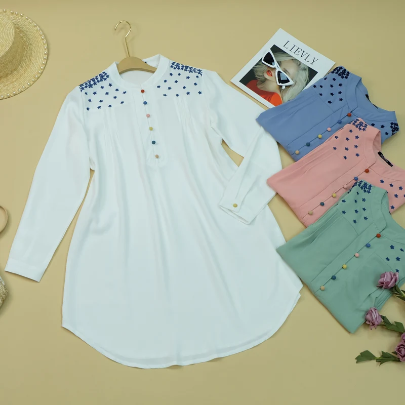 2021 New Multicolor Ice Chiffon Fabric Casual Embroidery Long Sleeve Loose Fall Women Dress With Colorful Buttons