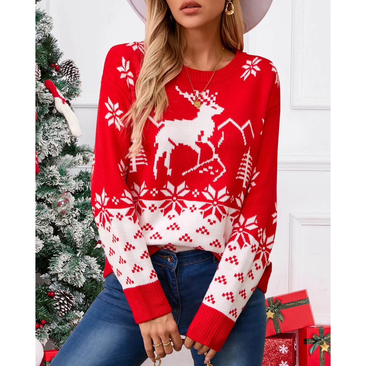 Ready to Ship Red Woman Clothes Knit Ugly Christmas Deer Sweater Pullover Jumper