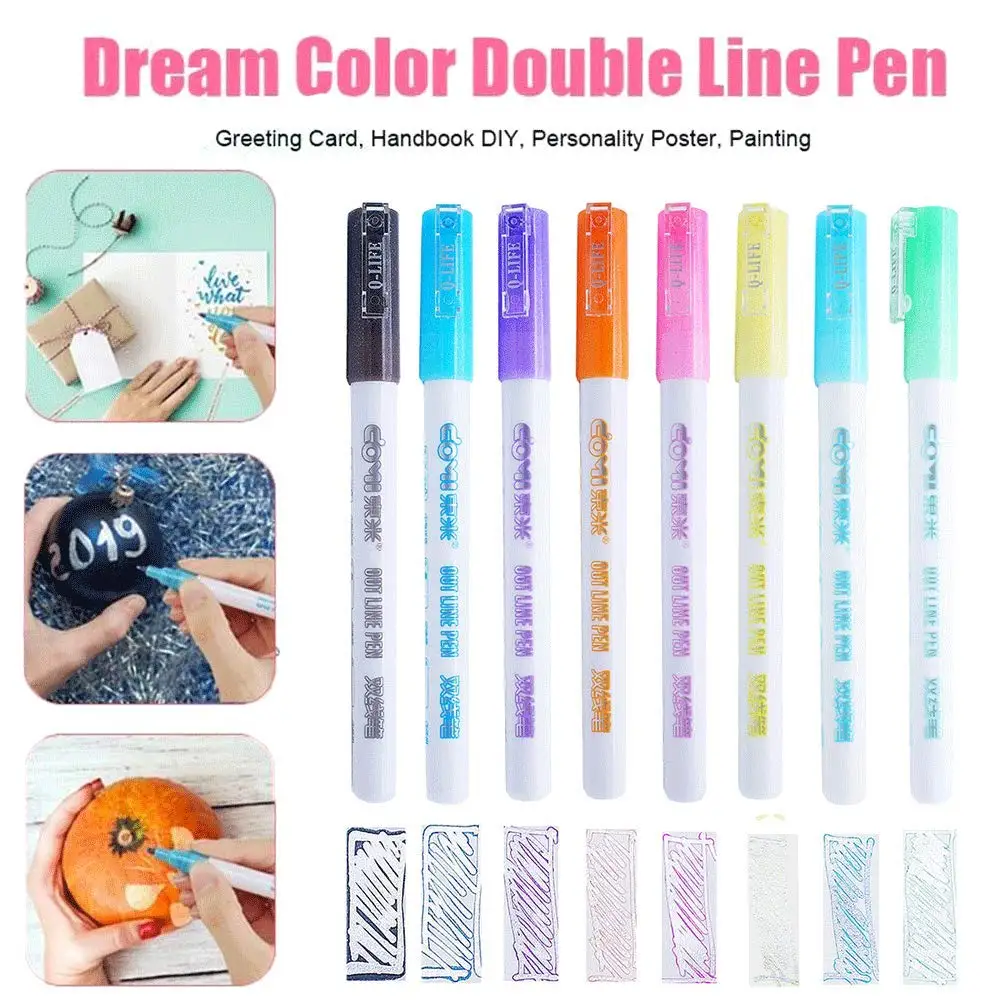
Gift Card Writing & Drawing Double Line Outline Pen,Creative Art Marker 8 Color Double Line Pen Light Color Fluorescent Marker 