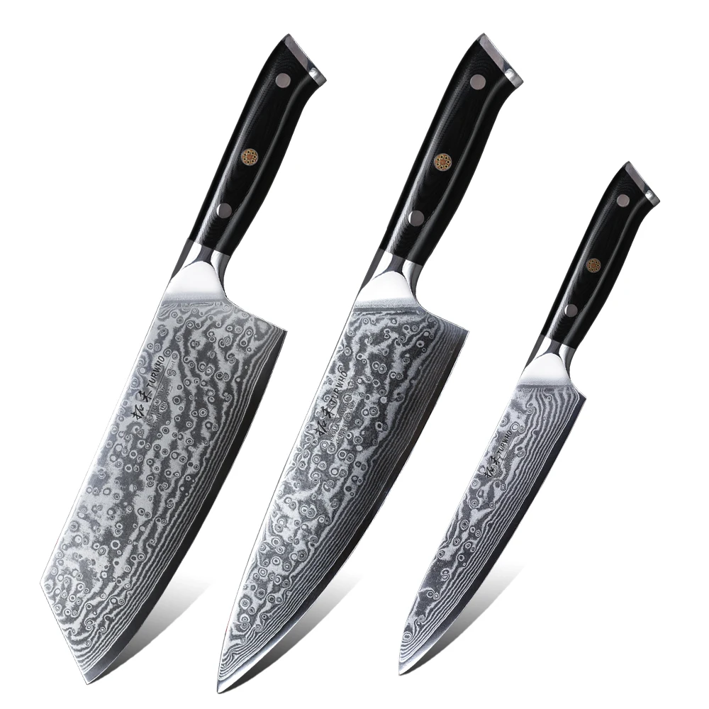 3 Pieces 67-layer Damascus Steel Kitchen Knife Set with G-10 Handle