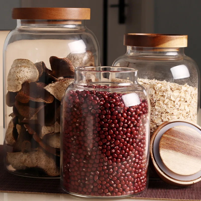 Wholesale High Capacity Custom Clear Glass Food Spice Candy Coffee Storage Jar Containers With Acacia Lid