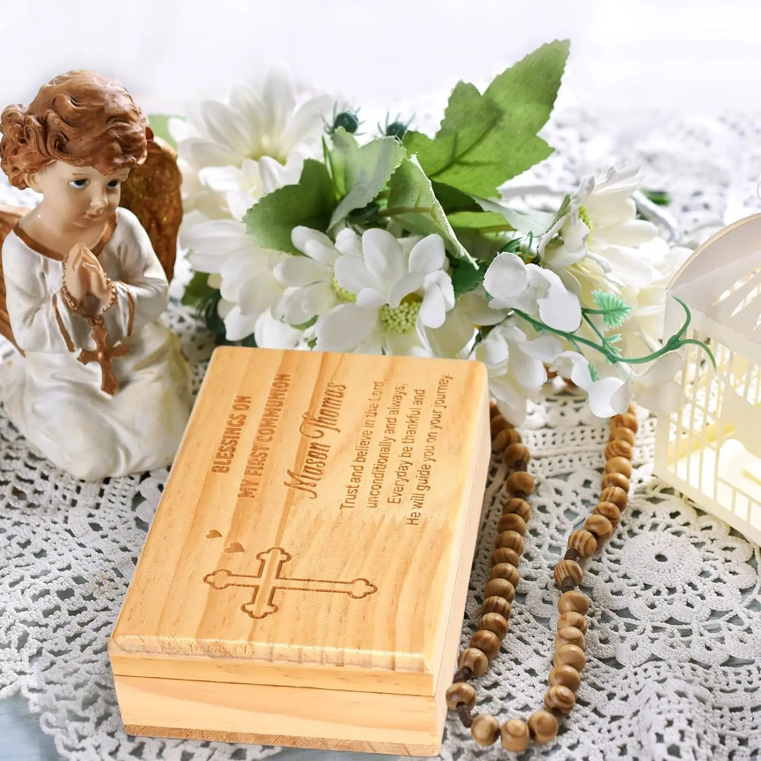 Wooden Engraved First Communion Valet Cross Rosary  Box for Rosary Beads, Keepsakes, Small Jewelry