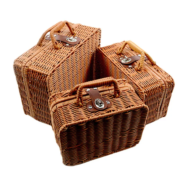 Candy Gift & Kids Toy Baskets Picnic Basket Retro handle Storage Basket Handmade iron frame Woven Rattan Box with Lid