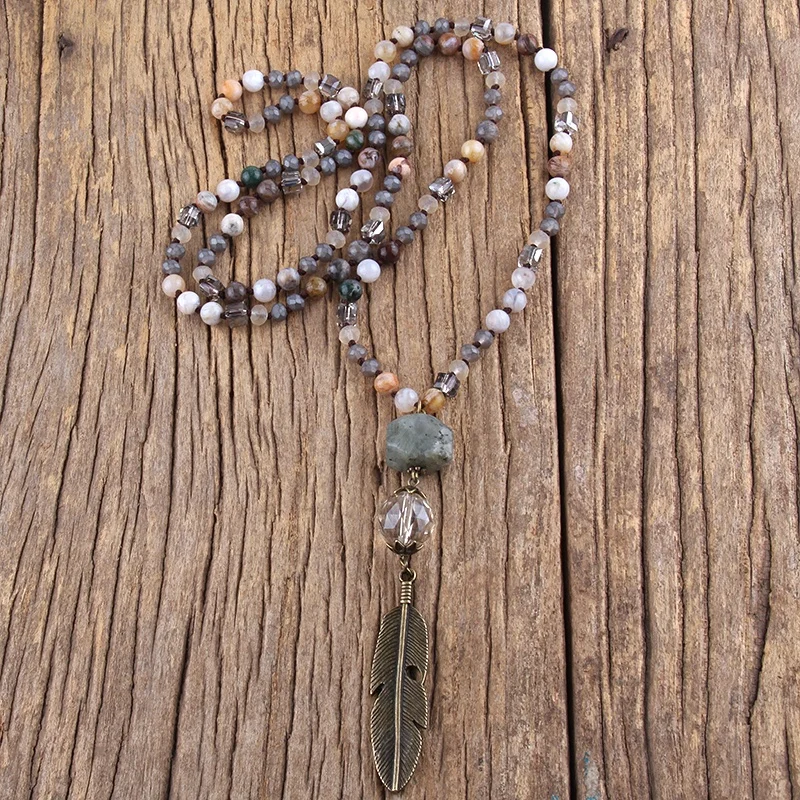 6mm Crystal Glass Natural Gemstone Beads Pic jasper Amazonite Leaf Pendant Necklace