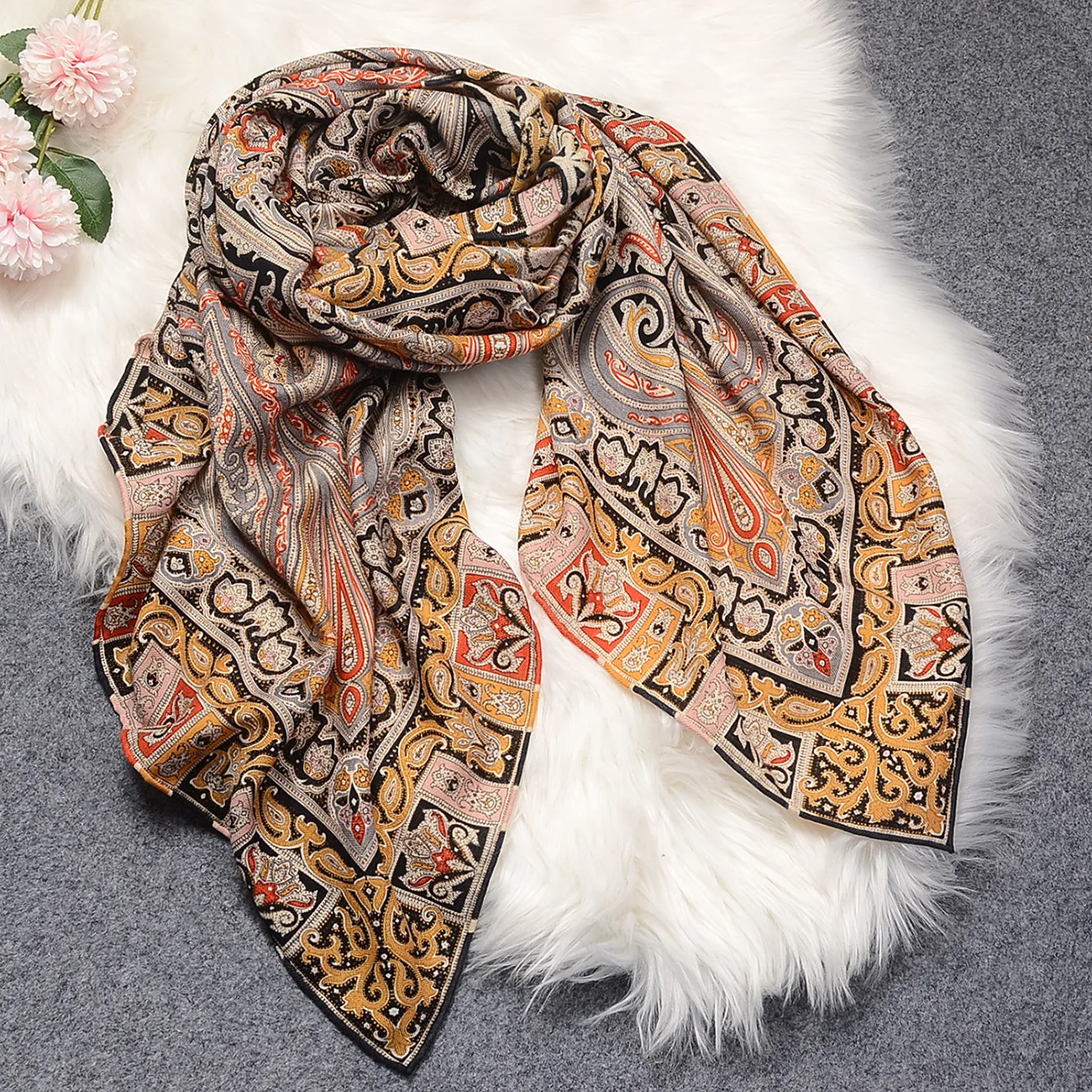 Printed wool  female Muslim scarf Baotou scarf tooth edge Muslim headscarf digital printed square scarf