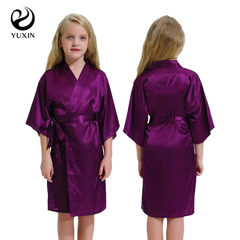 Kid Bathrobe with Adjustable Belt Silk Satin Kimono Robe Sweet Nightgown  6010