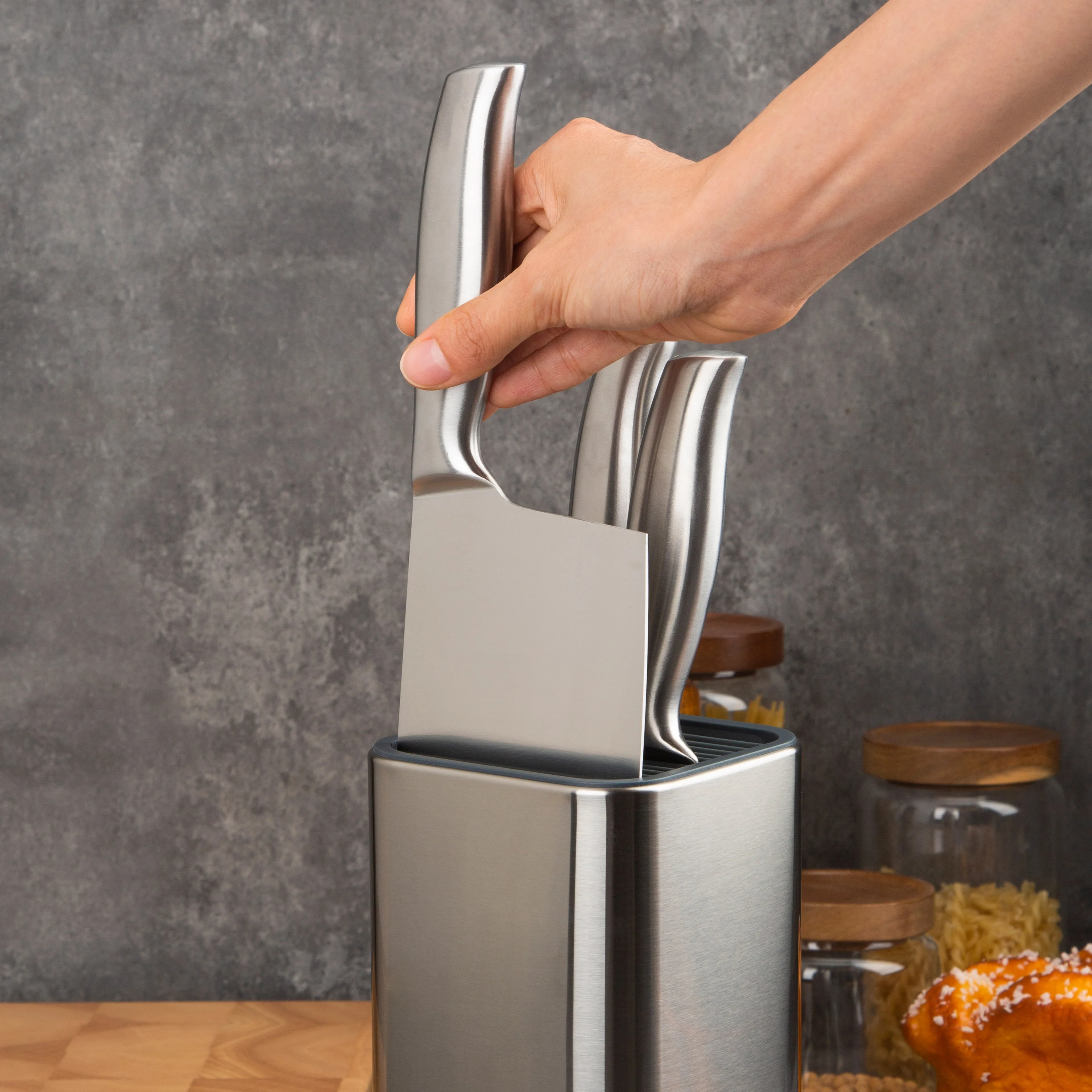 Custom Logo Stainless-Steel Rectangular Design Knife Block Set Scissors-Slot Counter-top Storage Universal Kitchen Knife Holder