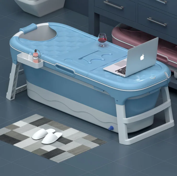 Extra Large Foldable Bath Tub Bathtub for Toddler Children Twins Adult with Cover Handle Drain Hose Blue