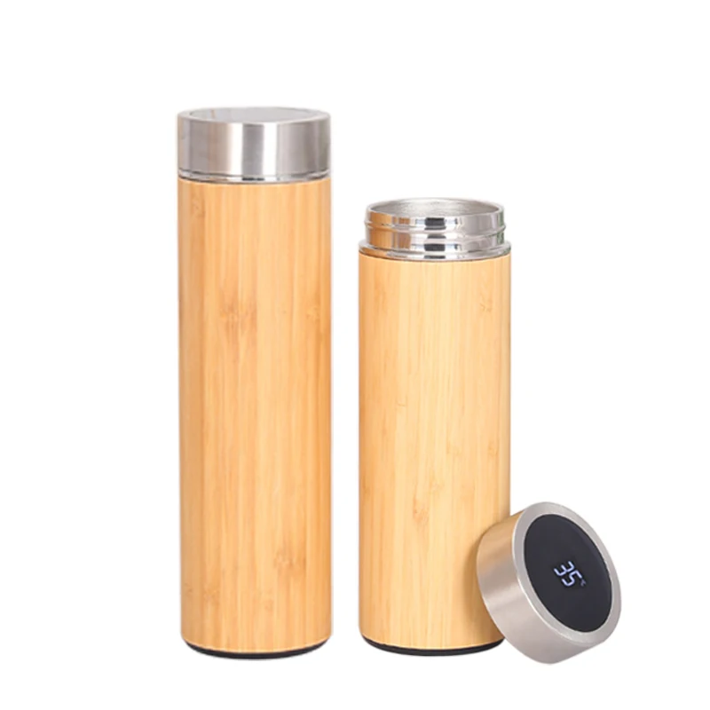 2024 Smart bamboo water bottle double wall stainless steel  bottle bamboo thermoses with LED Temperature Display