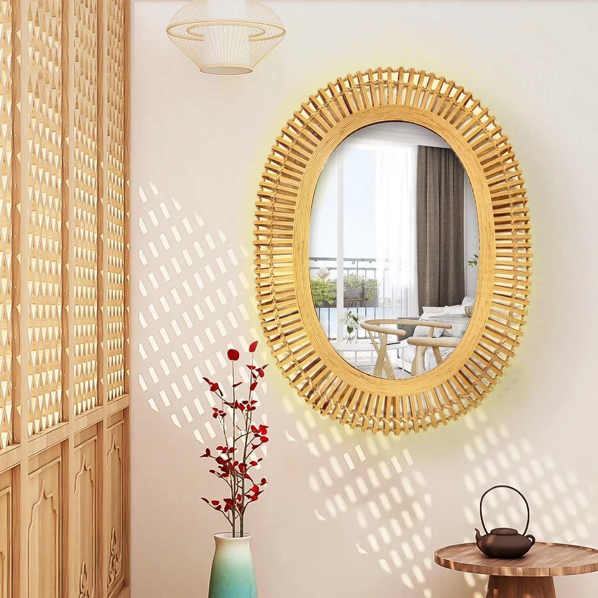 Fancy Pastoral Farmhouse Accents Decorative Oval Rattan Bamboo Frame Mirrors Decor Art Hanging Wall Mounted Mirror