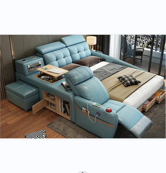 Modern design multifunctional massage bedroom furniture genuine leather smart bed with music