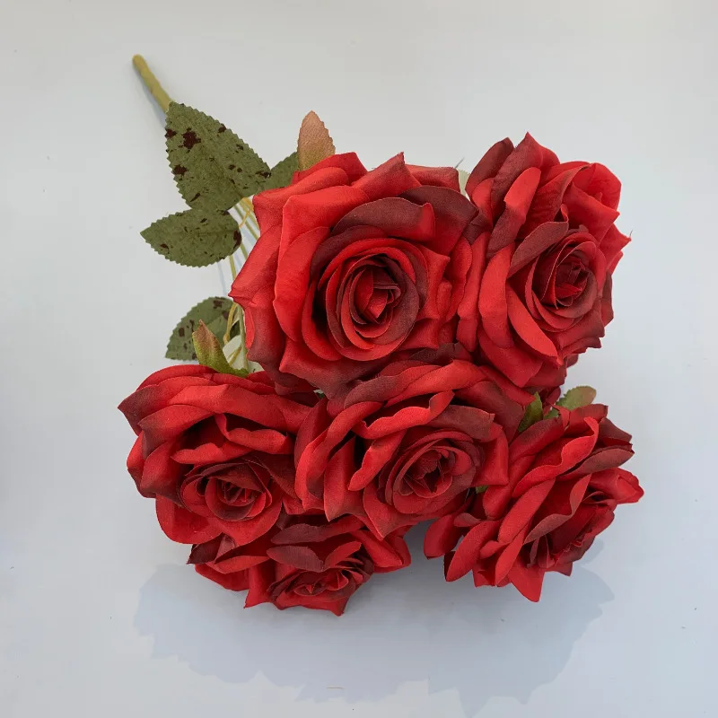 High Quality Artificial Flower Bundle Rose Bouquet Wedding Decor  9 Heads Silk Roses Bunch