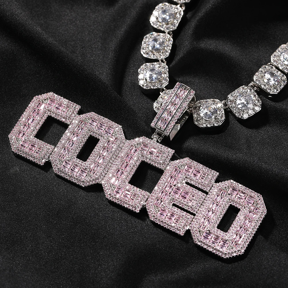 Uwin Hip Hop Jewelry Fashion Jewelry Necklaces Pink CZ Beauty Women Jewelry Baguette Zircon Custom Name Pendent Charming