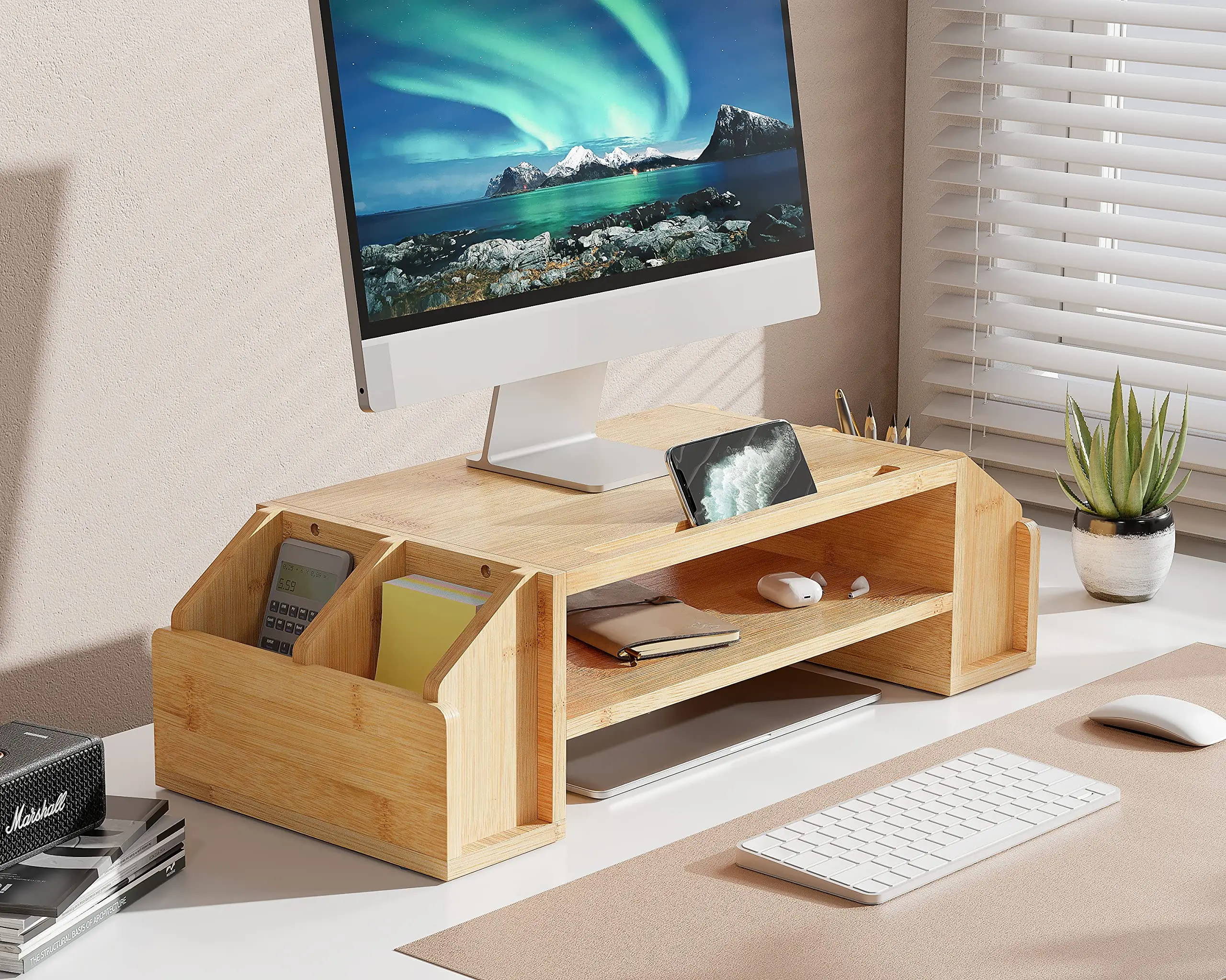 Bamboo 2-TIier Monitor Riser with Adjustable Storage Organizer Desktop Stand for Notebook