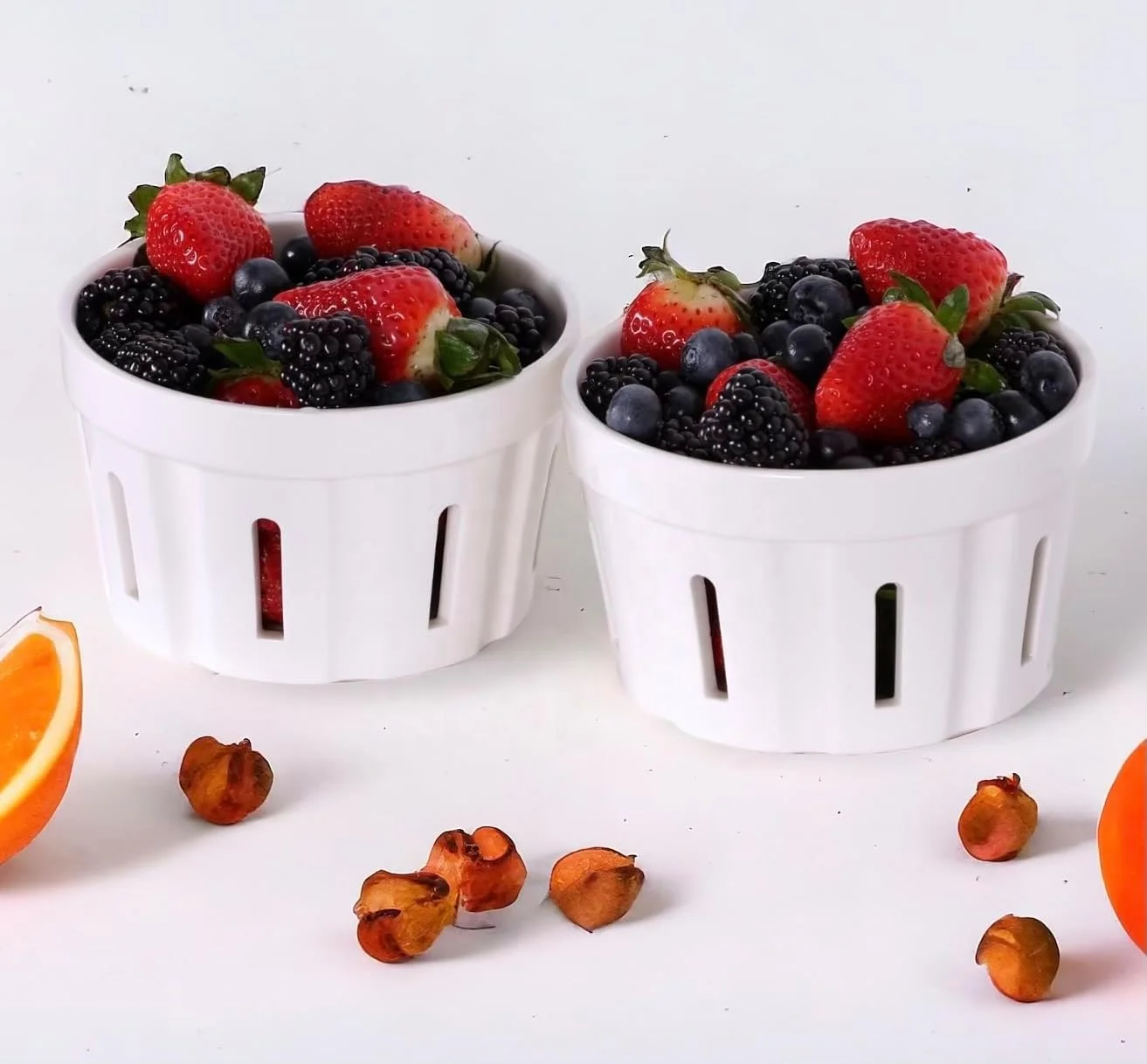 Customized Ceramic stoneware round fruit berry bowl basket with holes 2 pack perfect for berries,cherry,strawberry,grape