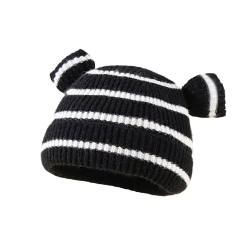 Winter Hat Black White Stripe Design Knitted Beanie Hat For Kids Children With Two Ears