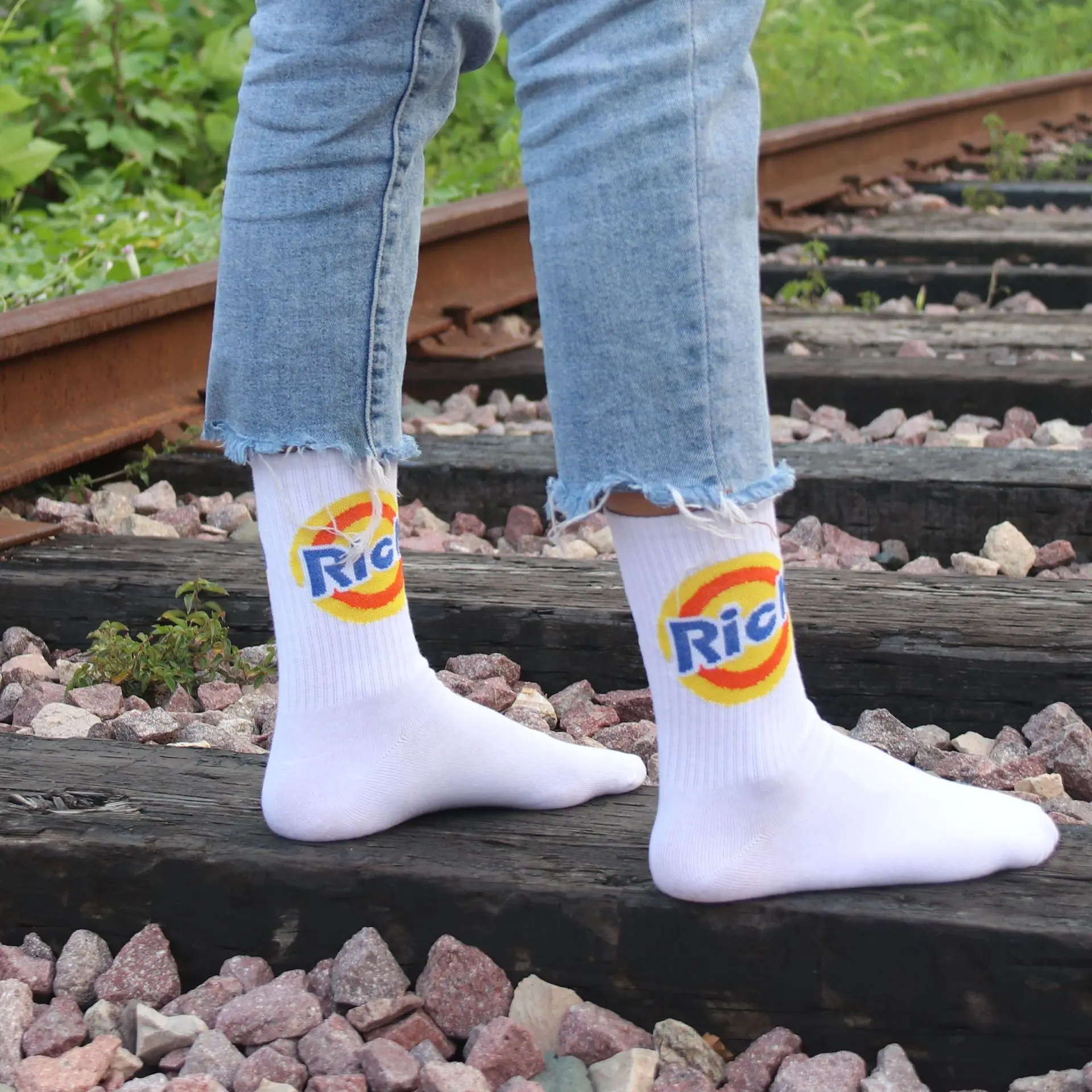 Korean Funny Orange Letters Rich Hip-hop Skateboard Stockings Cotton Funky Letters RICH Unisex Adults Sports Socks