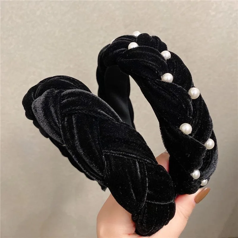 2024 black velvet twist pearl braid hair band women girls hair accessories