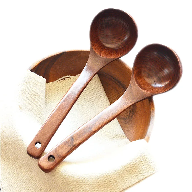Chinese Wholesale Custom Logo Hotel Dark Brown Long Handle Big Hot Pot Ramen Wood Soup Spoon For Tableware