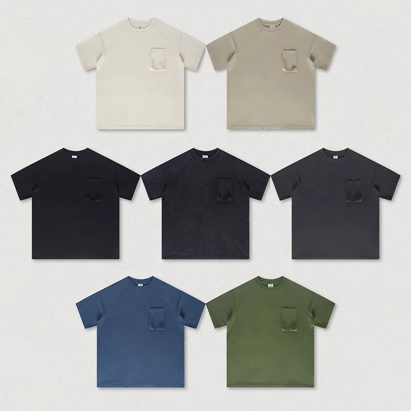 High Quality OEM 310gsm 100% Cotton Heavyweight Custom Printed Plain Raglan Sleeve T Shirt Graphic T-shirts with Pocket