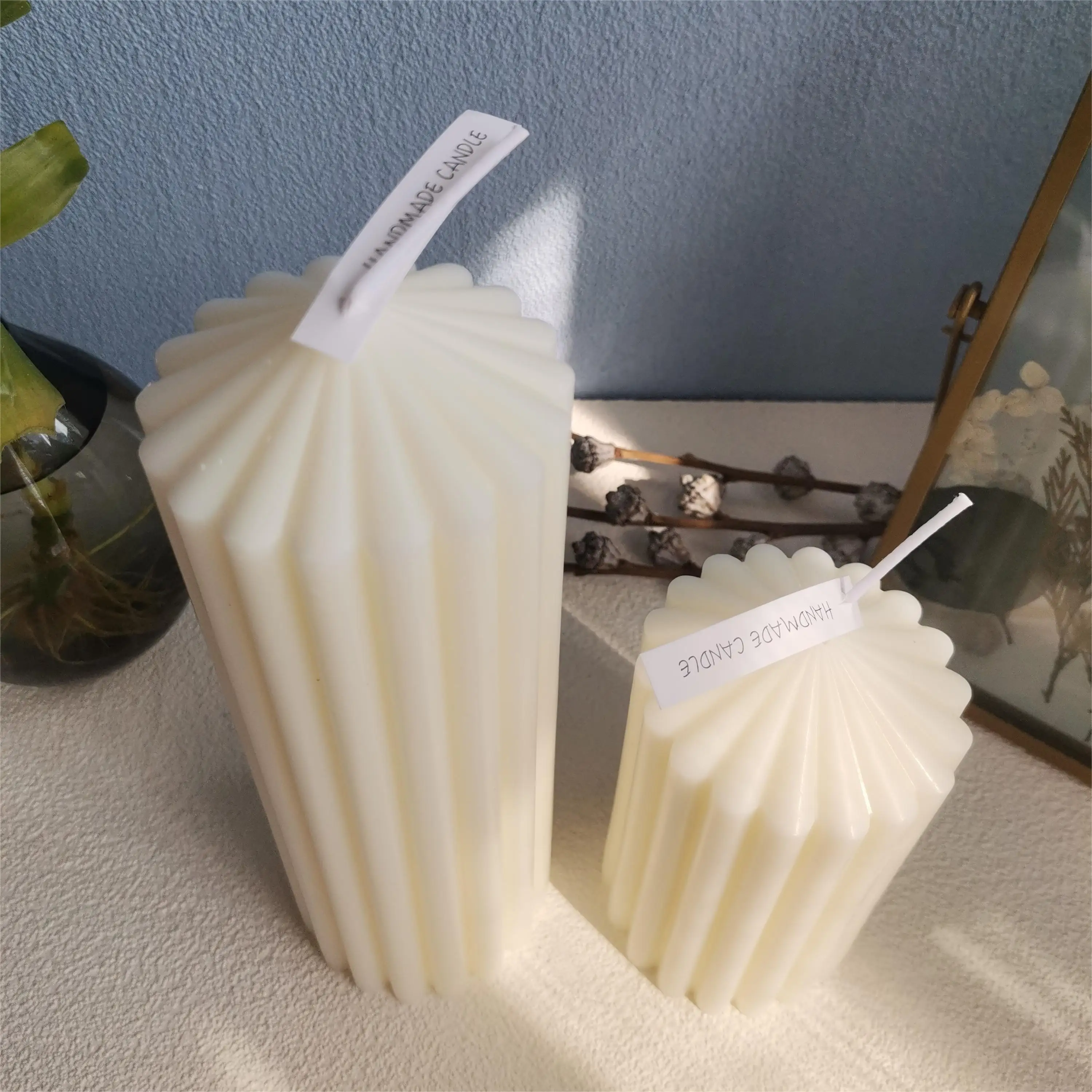Private Label Bulk Pack White Large Silo Scalloped Ribbed Stripe Pillar Wedding Party Candles