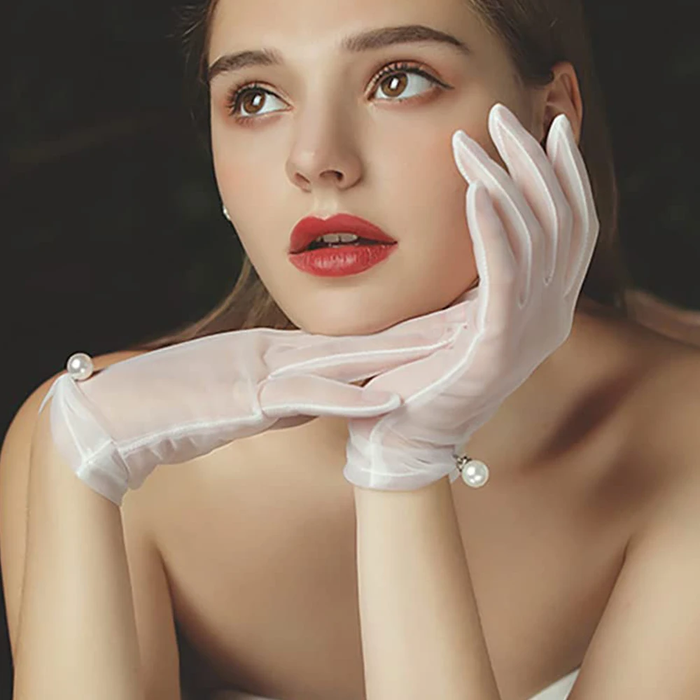 Women Lace Bridal Bride Short Gloves Wrist Length Wedding Party Costume Prom Evening Short Tulle Gloves