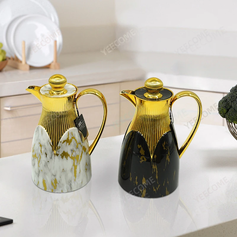 Custom Logo coffee pot glass  Keep Hot 24hrs gold plated coffee maker pot 1L marbling printing  thermos vacuum flask