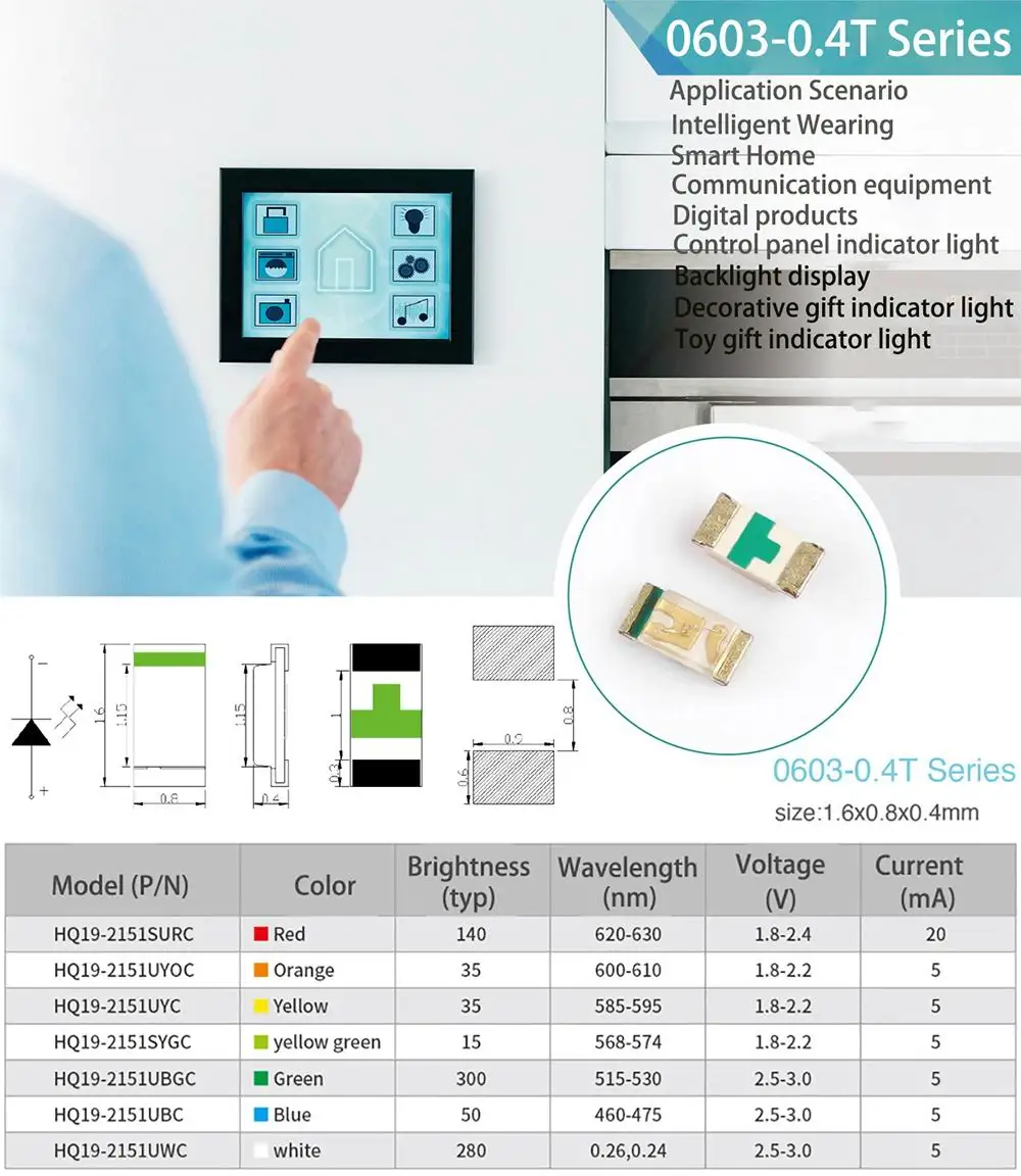 Shenzhen SMD LED 0603 Chip Bi-Color & Full RGB Emitting Red White Blue Yellow with 0.4T 0.6T 0.8T 0.3T Luminous Flux