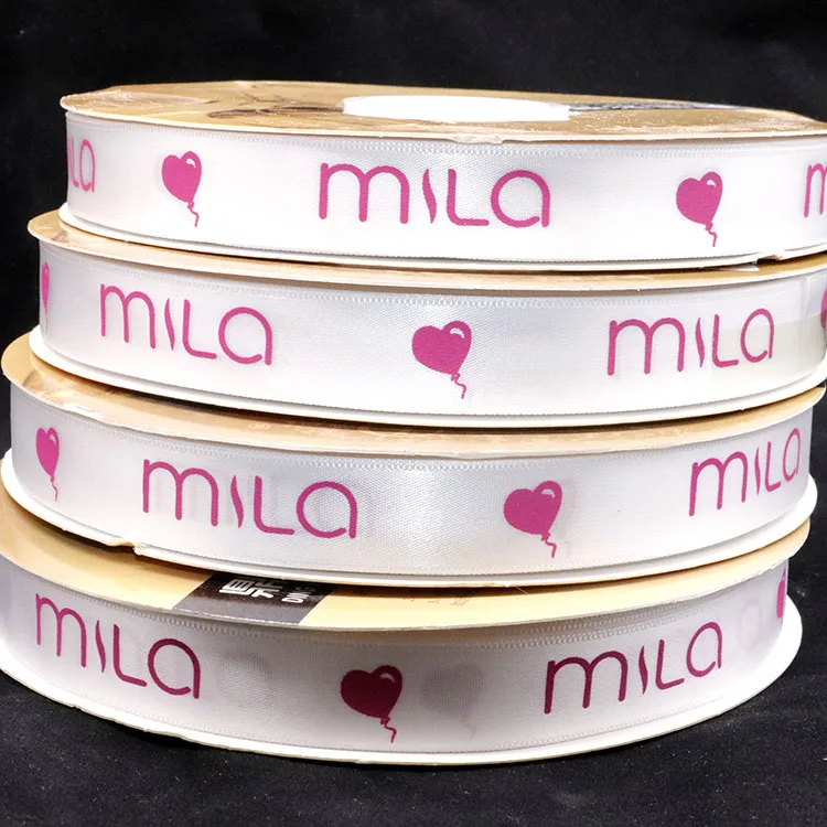 Factory custom artwork ogo silk printed satin ribbon , 2 cm white single face personalised polyester ribbon printed for bows
