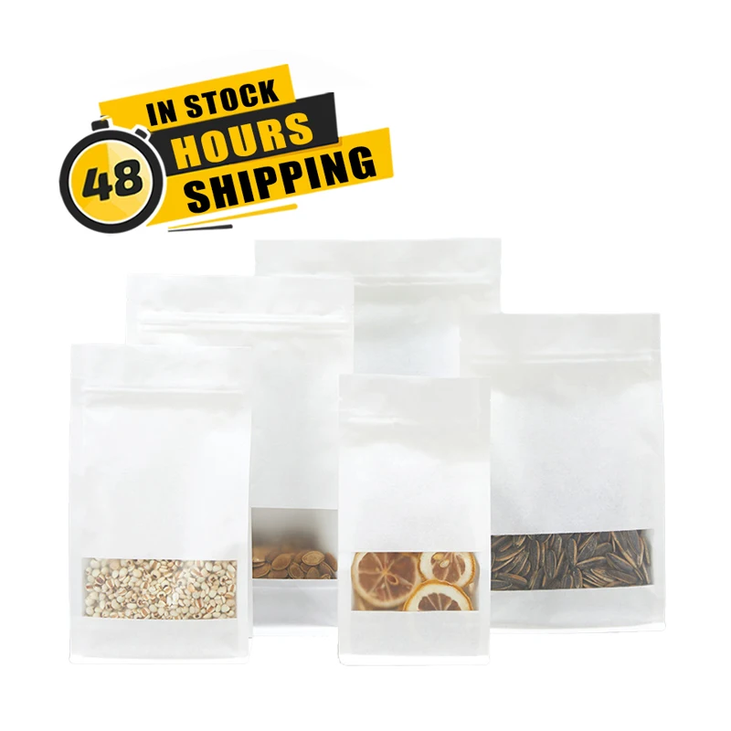 In Stock 8 Side Seal Zipper Packaging Bags White Bolsa De Fondo Plano De Papel Kraft With Window For Coffee Snack