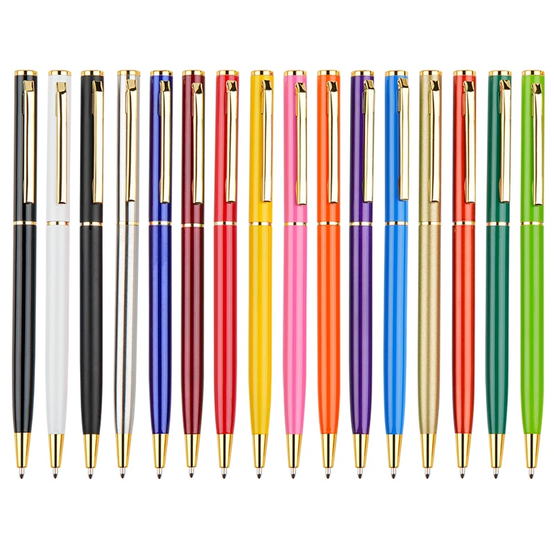 Promotion Cheap Custom Logo New Thin Ball Point Metal Pens Slim Twist Metal Ballpoint Pen With Gold Silver Clip