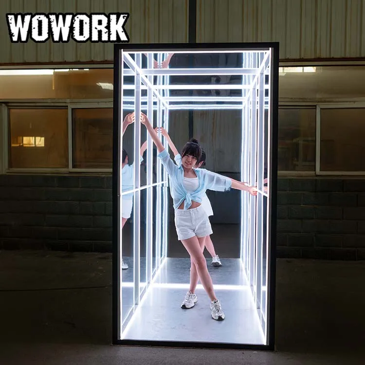 WOWORK wholesale detachable metal light up neon infinity mirror tunnel walk-in 360  photo booth box for party event backdrop
