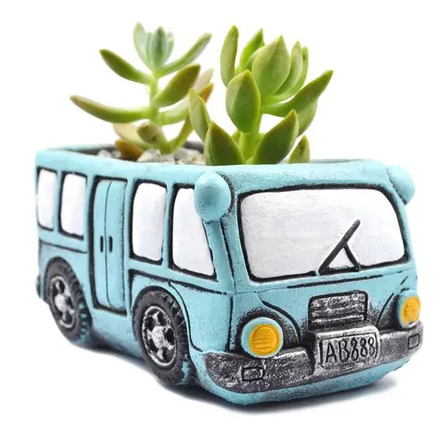Green Bus Succulent Planter Pots, Small Plants Pot with Drainage Hole, Flower Pots Plant Containers