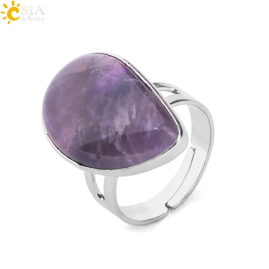 CSJA Wholesale Adjustable Natural Teardrop Healing Amethyst Lapis Crystal Stone Ring Jewelry Women Men E870